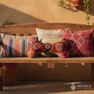 Mexican hand embroidered bone shape decorative pillow 16x9 in